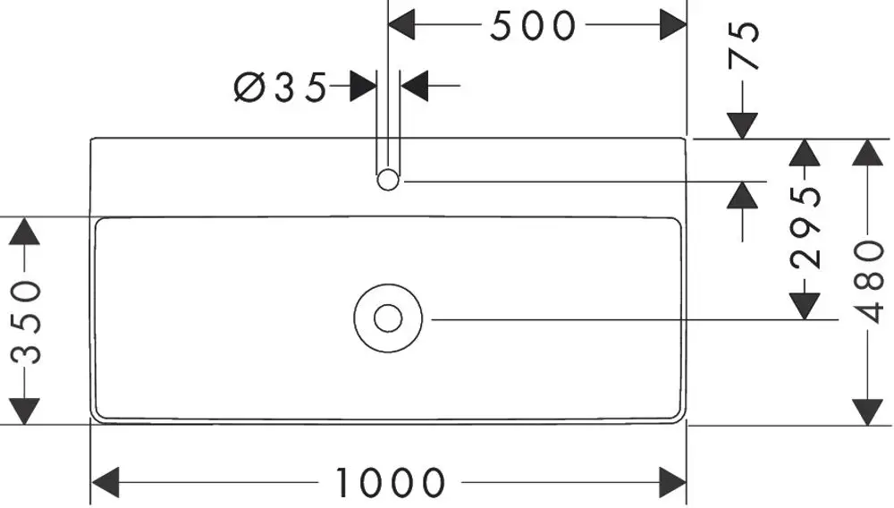 Helles Waschbecken von Hansgrohe mit rechteckiger Form und ovalem Grundloch. Maße und Ausführung sind im technischen Zeichnungsformat dargestellt.